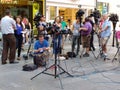 News Media Awaits a Press Conference in Times Square, NYC, USA