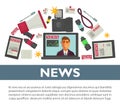 News poster flat vector design of TV reporter and journalist profession working items