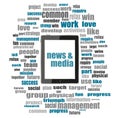 News and press concept: words News and media . Tablet pc with word cloud collage