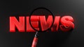 NEWS red write on black background, with magnifier over the word - 3D rendering illustration