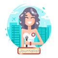 News Reporting Journalist Reporter Female Girl Character Mass Media Symbol on City Background Flat Design Template
