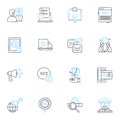 News review linear icons set. Current, Relevant, Timely, Engaging, Insightful, Informative, Critical line vector and