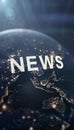 News studio backdrop with rotating earth and illuminated news text in a dark digital landscape
