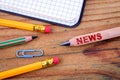 News text on pencil. Social media, propaganda and information