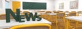 News title on a desk in an empty classroom