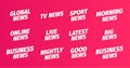 News title headline word set. Global tv sport morning online latest. On pink background. 3d letters. Advertising promotion