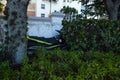 NEWS Ã¢â¬â Waterline along a fence with a skidoo pushed against the cement after Hurricane Ian storm surge flooding in Naples,