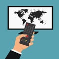 News of the world. Vector illustration with hand holding remote control.Vector smart tv concept