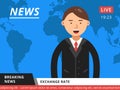 Newscaster at television. Hot breaking news vector illustration Royalty Free Stock Photo