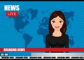 Newscaster woman reports breaking news. News vector illustration.