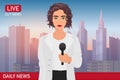 Newscaster pretty beautiful woman reports breaking news. Media TV news concept vector illustration.