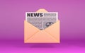 newsletter 3D illustration. Newspaper in open mail envelop. newsletter 3d icon