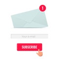 Newsletter subscription design template for site form of email subscribe. Envelope with letter and e-mail address input