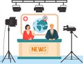Newsman character male, female, world virus news, pandemic, concept broadcast studio, flat vector illustration. Globe