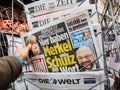 Newspaper with Angela Merkel Martin Schulz portrait before the e Royalty Free Stock Photo