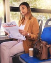 Newspaper, bus and business woman on transport for morning commute, journey and travel to work. Public transportation