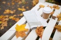 Newspaper and coffee cup on bench in autumn park Royalty Free Stock Photo