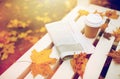 Newspaper and coffee cup on bench in autumn park Royalty Free Stock Photo