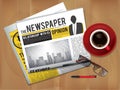 Newspaper with coffee cup. Magazine or newspaper press cover top view on table breakfast news with hot tea vector Royalty Free Stock Photo