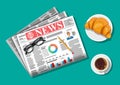 Newspaper with croissant, cup of coffee, pencil. Royalty Free Stock Photo