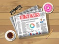 Newspaper, cup of coffee, donut, pencil. Royalty Free Stock Photo