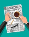 Newspaper, cup of coffee, pencil. Royalty Free Stock Photo