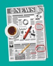 Newspaper, cup of coffee, pencil. Royalty Free Stock Photo