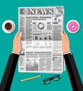 Newspaper, cup of coffee, donut, pencil. Royalty Free Stock Photo