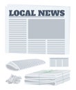 Newspaper set. Paper in a roll, a piece and a pack of newspapers. Vector illustration.