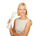 Newspaper, happy and portrait of woman on a white background for reading, information and news. Paper, newsletter and