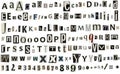 Newspaper, magazine alphabet with numbers and symbols