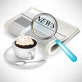 Newspaper with magnifying glass and coffee Royalty Free Stock Photo