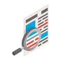 Newspaper with magnifying glass icon, isometric 3d