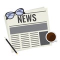 Newspaper, Daily news press magazine reading concept. Newspaper with glasses, cup of coffee and pencil. Royalty Free Stock Photo