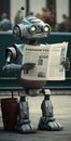 newspaper reading cute robot, ai midjourney generated illustration