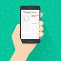 Newspaper reading on smartphone vector illustration, flat cartoon person hand read world news magazine on mobile phone
