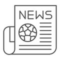 Newspaper thin line icon. Football or soccer news in press, article publication symbol, outline style pictogram on white Royalty Free Stock Photo