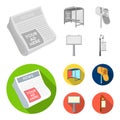 Newspapers, a bus stop, a mail box, a billboard.Advertising,set collection icons in monochrome,flat style vector symbol