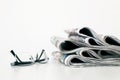 Newspapers with eyeglasses on white background Royalty Free Stock Photo