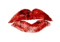 Beautiful red pink lips kiss. Woman`s lipstick trace with newspaper texture