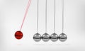 Newton's cradle pendulum with swinging spheres red metal ball 3d realistic vector illustration. Royalty Free Stock Photo