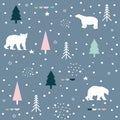 Polar bear, mountain and forest seamless pattern background. Winter pattern.