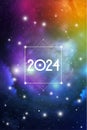 Sacred Geometry Astrological New Year 2024 Greeting Card or Calendar Cover on Cosmic Background