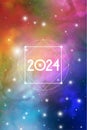 Sacred Geometry Astrological New Year 2024 Greeting Card or Calendar Cover on Cosmic Background