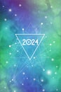 Sacred Geometry Astrological New Year 2024 Greeting Card or Calendar Cover on Cosmic Background