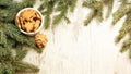 NewYear. Delicious ginger biscuits. Fir branch. Light background Royalty Free Stock Photo