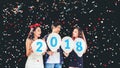 Newyear party ,celebration party group of asian young people holding balloon numbers 2018 happy and funny concept Royalty Free Stock Photo