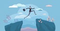 Next big business leap, businessman jumping over a cliff gorge. Flat tiny person vector illustration