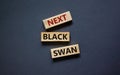 Next black swan symbol. Wooden blocks with words `Next black swan`. Beautiful grey background, copy space. Business and next bla Royalty Free Stock Photo