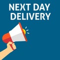 NEXT DAY DELIVERY Announcement. Hand Holding Megaphone With Speech Bubble Royalty Free Stock Photo